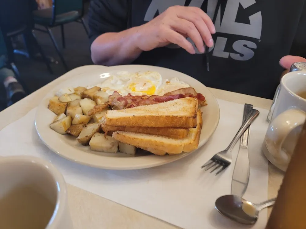 Corned Beef Hash Bacon Home Fries Eggs over Toast